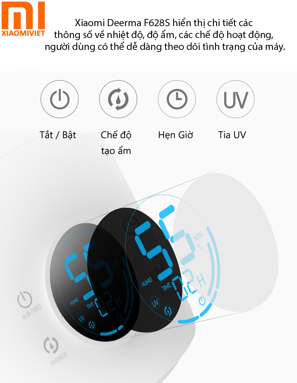 Máy Phun Sương Tạo Ẩm Deerma F628S Màn hình hiển thị chi tiết với 3 cấp độ điều chỉnh