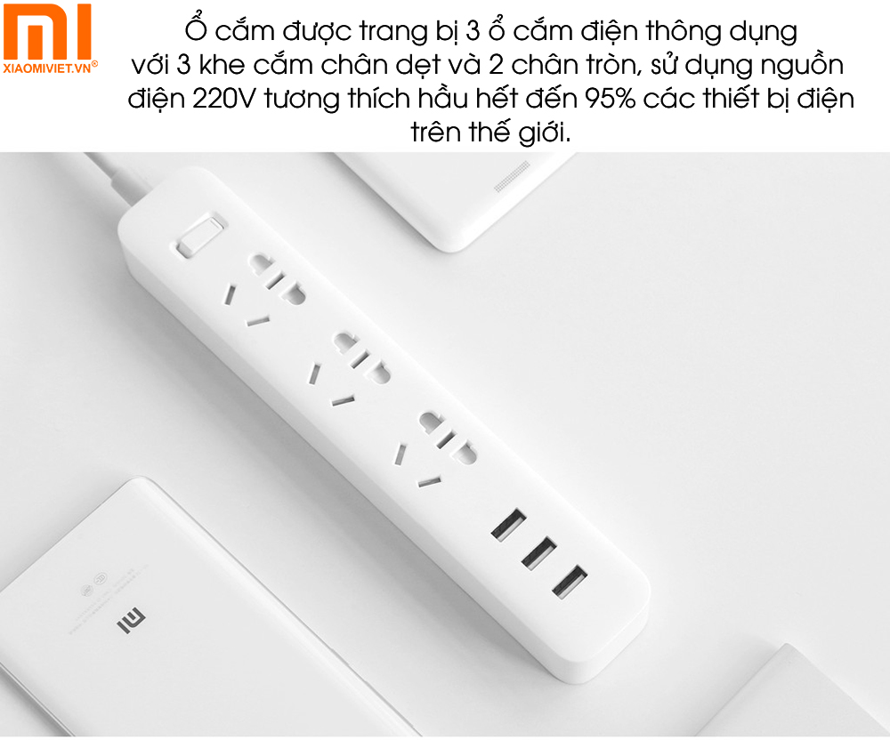 Ổ cắm điện Xiaomi Power Strip (3 cổng 3 USB) - XMCXB01QM (15W) Xiaomi Mi Power Strip đa công dụng, tương thích hầu hết với các thiết bị
