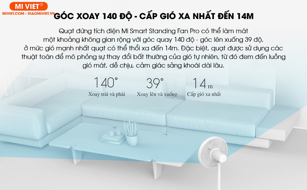 Quạt đứng tích điện Mi Smart Standing Fan Pro - Bản quốc tế Góc xoay 140 độ - Cấp gió xa nhất đến 14m