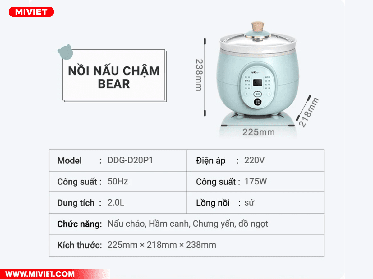 Nồi nấu chậm Bear DDG-D20P1 - Tiếng Anh - HDSD Tiếng Việt Thông số kỹ thuật của Nồi Nấu Chậm Bear DDG-D20P1