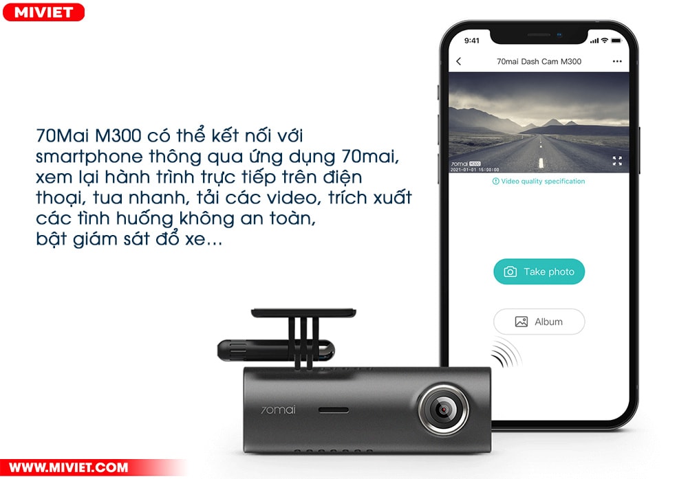 Camera hành trình 70Mai M300 - Quốc Tế - Chính hãng - BH 24 Tháng Kết nối với smartphone thêm nhiều tiện ích