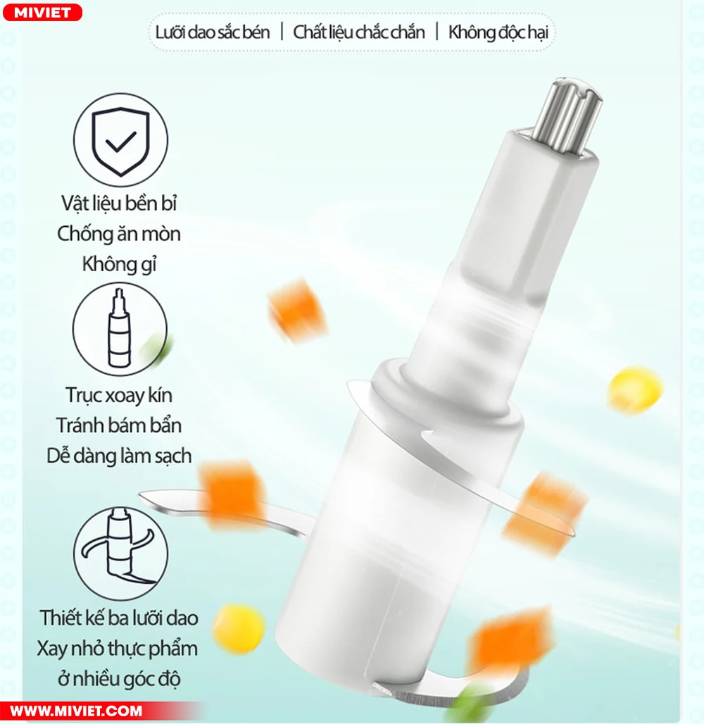 Máy xay thực phẩm mini Bear QSJ-B01P1 - Tiếng Anh - HDSD Tiếng Việt Lưỡi dao được làm bằng thép không gỉ với 3 lưỡi sắc bén
