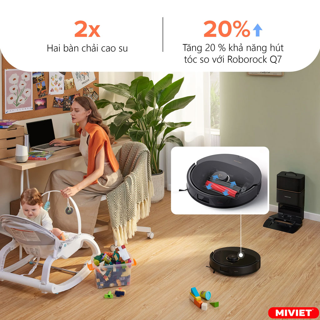 Robot hút bụi lau nhà Roborock Q8 Max Plus - Quốc tế - BH 24 tháng Chổi kép mang lại hiệu quả hút tối đa