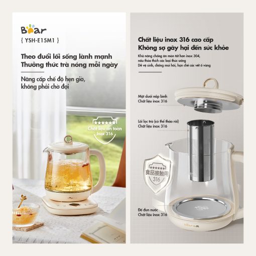 Bình nấu trà đa năng Bear YSH-E15M1 - Hàng chính hãng - Tiếng Anh/Việt - BH 18 tháng - Full VAT