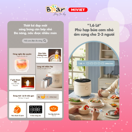 Nồi cơm điện mini Bear DFB-C16K1 (1,6 lít) - Hàng chính hãng - Tiếng Anh/Việt - BH 18 tháng - Full VAT