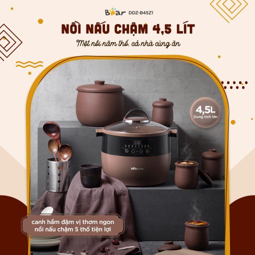 Nồi nấu chậm Bear DDZ-B45Z1 - Dung tích 4.5L - Hàng chính hãng - Tiếng Anh/Việt - BH 18 tháng - Full VAT